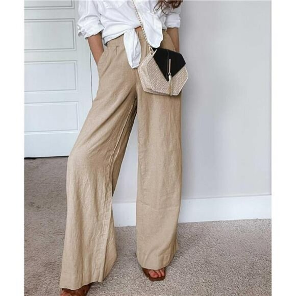 Womens Cotton Linen Palazzo Pants Wide Leg Drawstring Elastic Waist Pants - Picture 3 of 7